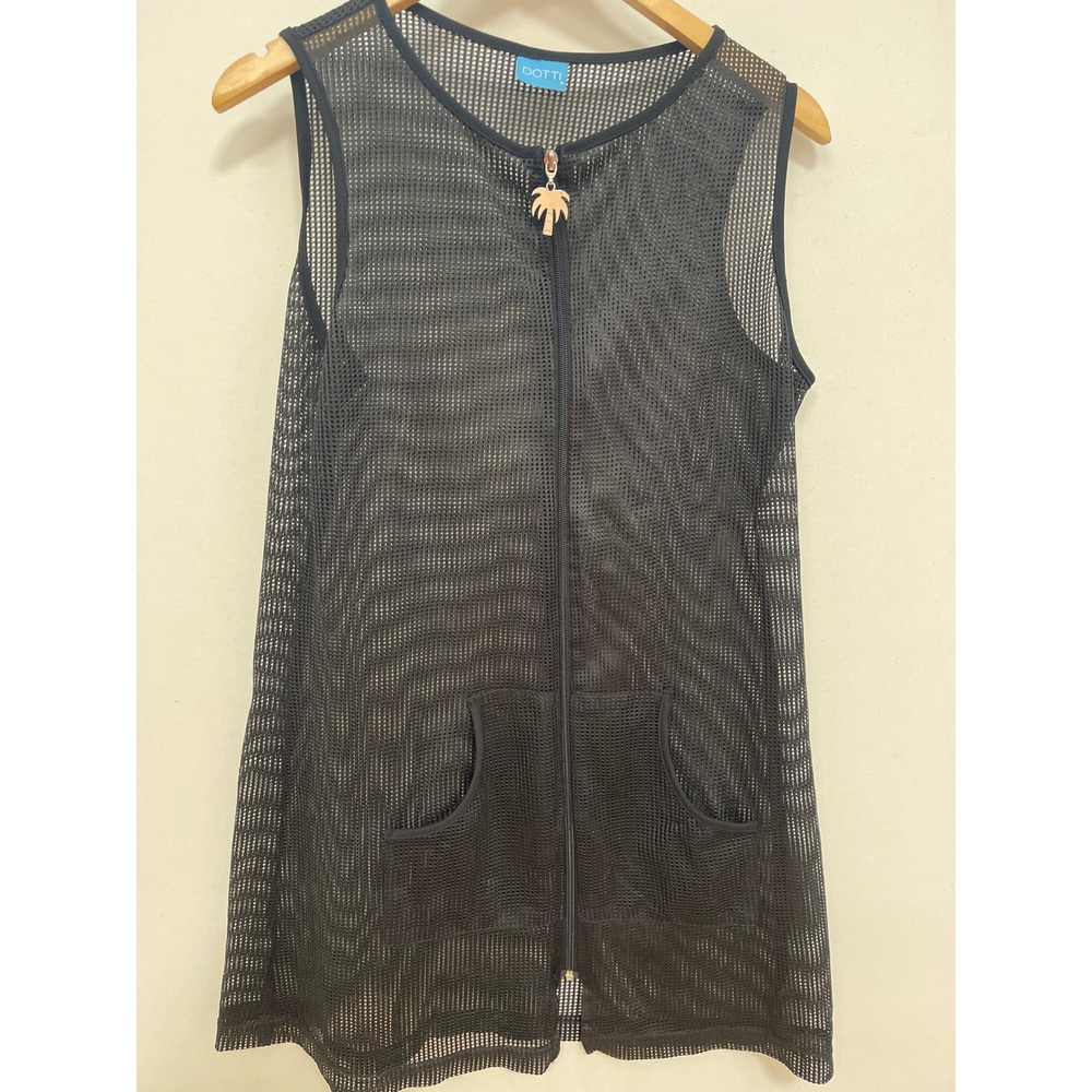 Dotti Black Mesh Zip Up Vest Sleeveless Palm Tree Zipper Pull Pockets